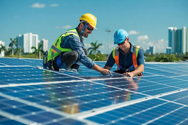 couple of solar panel specialist working on solar panel maintance