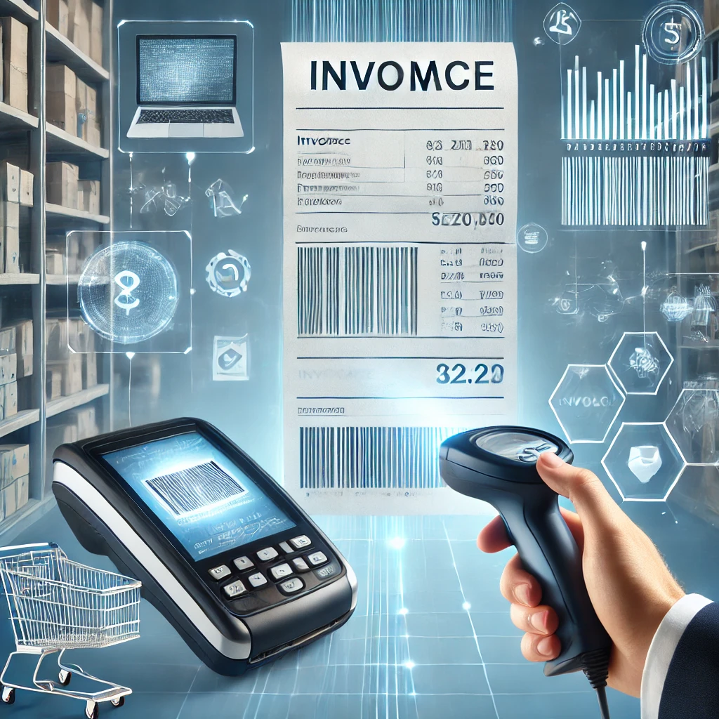 A digital representation of barcode billing software with a barcode scanner scanning a product. The screen displays a real-time invoice, with product shelves and floating digital barcodes in the background, emphasizing modern retail efficiency.