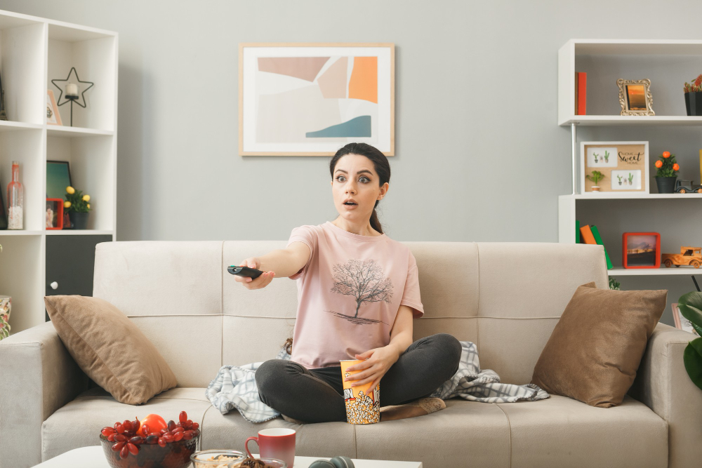 a woman sitting on a couch and watching tv