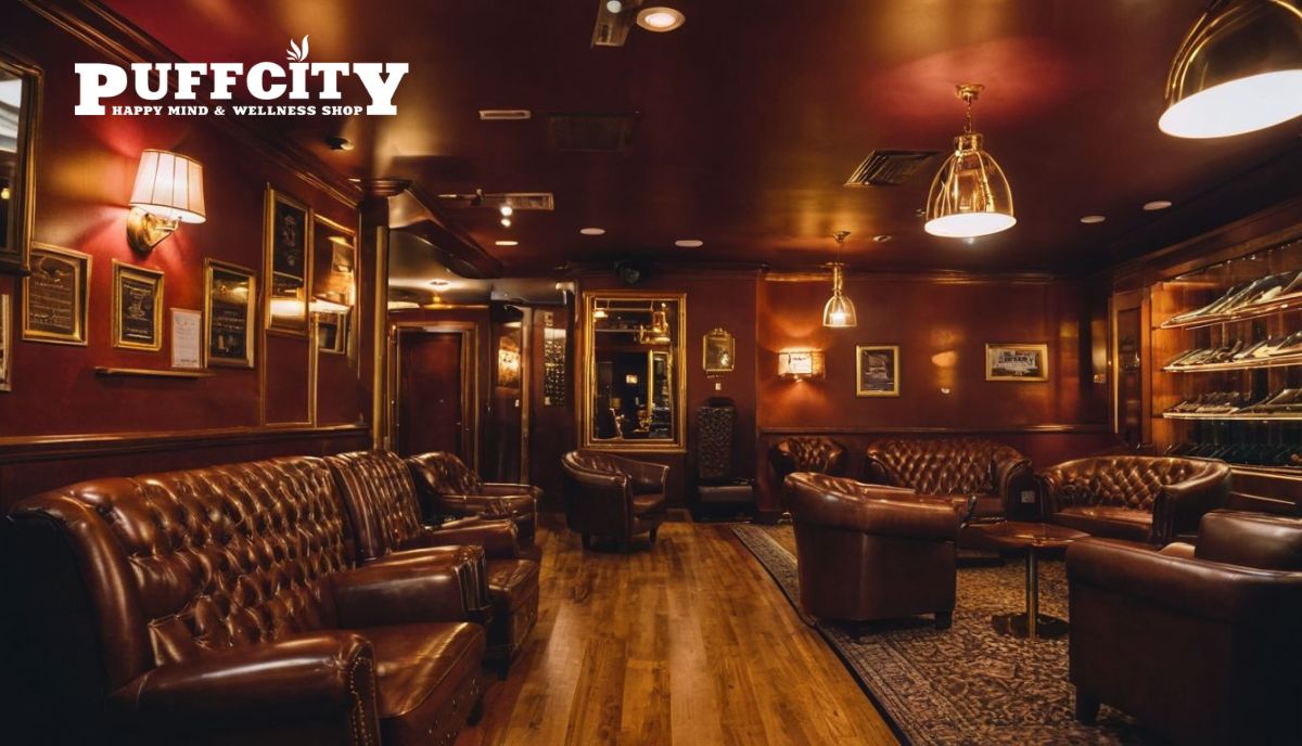 Elegant lounge with leather sofas, warm lighting, and framed photos on maroon walls.