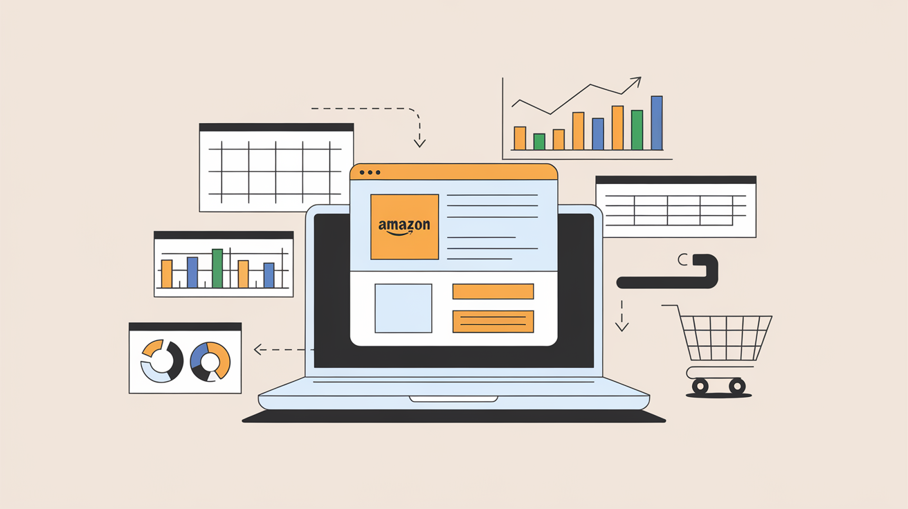 A clean and professional digital illustration of an Amazon product listing on a laptop screen, surrounded by keyword research tools,