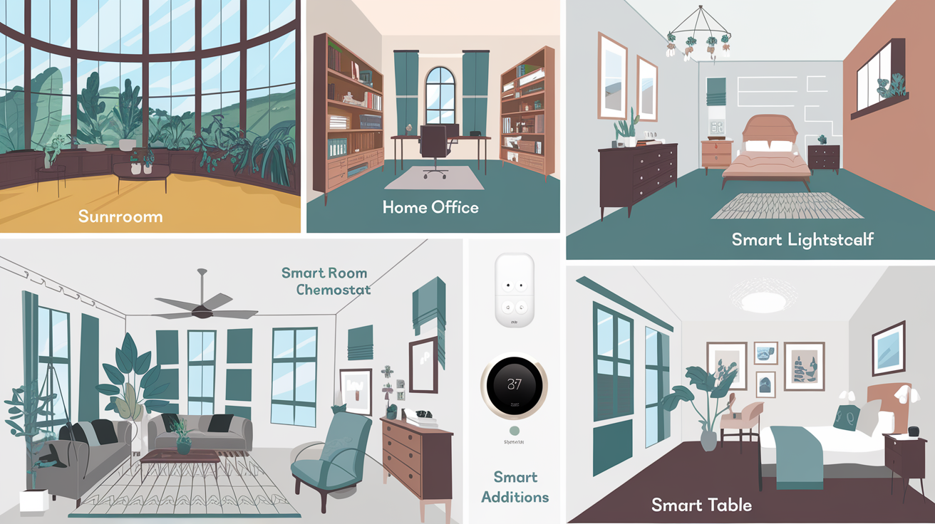 Illustration of a modern home interior showcasing smart room additions, including a sunroom, home office, and guest room, designed for functionality and style.