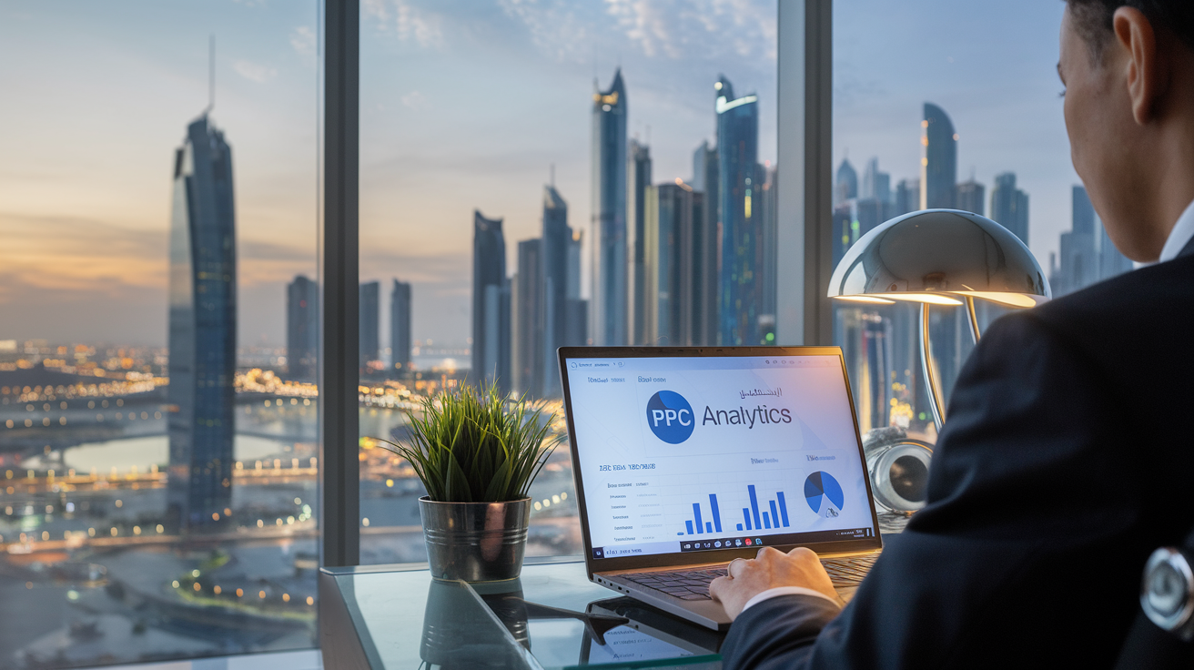 A professional working on a laptop displaying PPC analytics in an office overlooking the Dubai skyline during sunset, symbolizing digital marketing and business growth in Dubai.